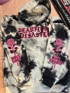 Beautiful Disaster Women's Black & White Tie-Dye Hoodie with Pink Rose Graphics
